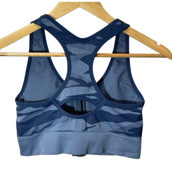 New Balance Women's Large Blue Camo Sports Bra Front Zip Removable Pads Active - Picture 2 of 4